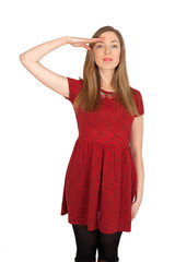 Beautiful woman doing different expressions in different sets of clothes: at attention