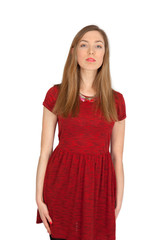 Beautiful woman doing different expressions in different sets of clothes: at attention