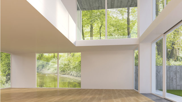 D Rendering of modern home interior with view to garden