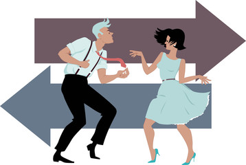 Stylish couple dressed in early 1960s fashion dancing the twist, two arrows on the background, EPS 8
