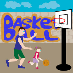 Dad and daughter play basketball.
