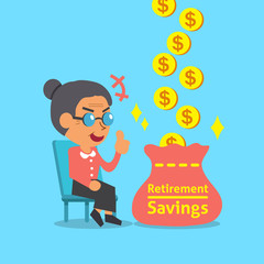 Cartoon old woman with retirement savings bag for design.