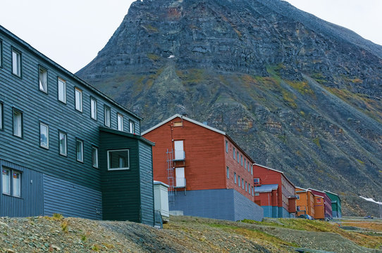 Row of multi colored buildings, Longyearbyen, Svalbard, Norway.