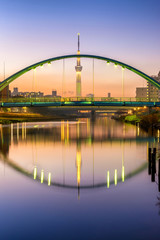 tokyo skytree and colorful bridge in refection