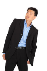 handsome man doing different expressions in different sets of clothes: bored