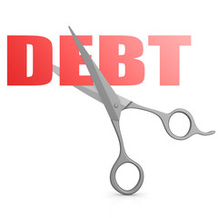 Cut red debt word with scissor