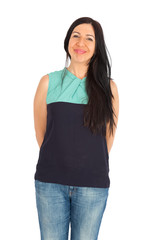 Obraz premium Beautiful woman doing different expressions in different sets of clothes: smile