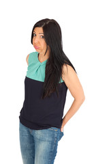 Obraz premium Beautiful woman doing different expressions in different sets of clothes: bored