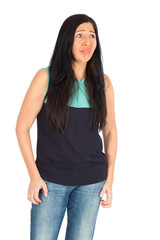 Obraz premium Beautiful woman doing different expressions in different sets of clothes: worried