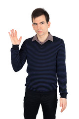 Naklejka premium Handsome man doing different expressions in different sets of clothes: be careful