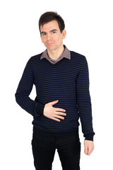 Fototapeta premium Handsome man doing different expressions in different sets of clothes: hungry