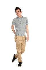 Fototapeta premium Handsome man doing different expressions in different sets of clothes: full length posing