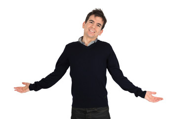 Handsome man doing different expressions in different sets of clothes: welcome