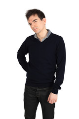 Fototapeta premium Przystojny mężczyzna robi różne wyrażenia w różnych zestawach ubrań: mruganie