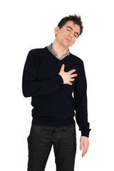 Fototapeta premium Handsome man doing different expressions in different sets of clothes: heart attack