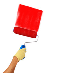 Man hand holding a paint roller isolated on a white background