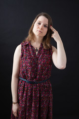 Beautiful woman doing different expressions in different sets of clothes: suicide