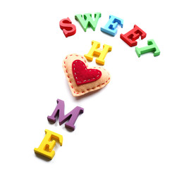 Decorative letters forming words SWEET HOME with heart isolated on white