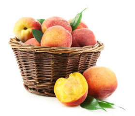 Ripe peaches in basket isolated on white