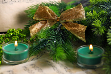 Music notes with Christmas decoration close up