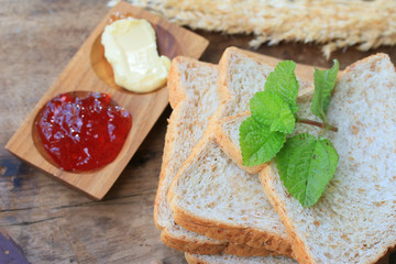 Slice toast whole wheat bread with strawberry jam