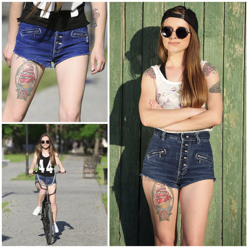 Collage of photos with beautiful girl with tattooed body