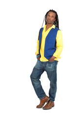 Handsome man with dreadlocks doing different expressions in different sets of clothes: hands in pockets