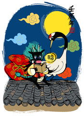 the illustration of cran and black dragon on roof