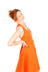 Beautiful businesswoman doing different expressions in different sets of clothes: backache