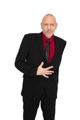 Handsome man doing different expressions in different sets of clothes: stomachache