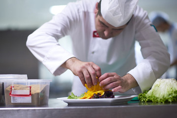 chef in hotel kitchen preparing and decorating food