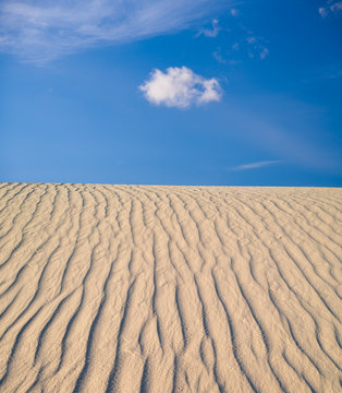 Landscape of lone cloud in a blue sky over rippling sand dunes i