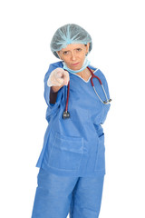 Beautiful doctor doing different expressions in different sets of clothes: gun sign