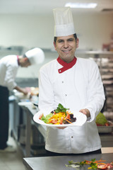 chef in hotel kitchen preparing and decorating food
