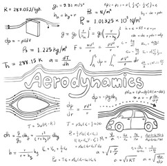Aerodynamics law theory and physics mathematical formula equation, doodle handwriting icon in white isolated background with hand drawn model, create by vector