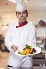 chef in hotel kitchen preparing and decorating food