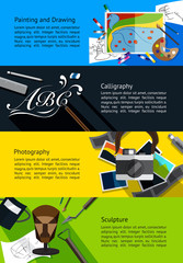 Fototapeta premium Fine art infographic banners painting and drawing, calligraphy, photography, sculpture template background layout design, create by vector