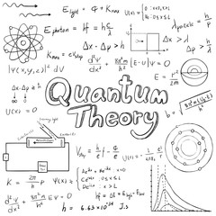 Quantum theory law and physics mathematical formula equation, doodle handwriting icon in white isolated background paper with hand drawn model, create by vector 