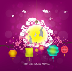 Mid Autumn Lantern Festival background. Moon, rabbit and Lantern Festival