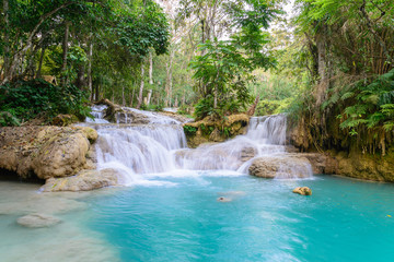 Naklejka premium Rainforest waterfall, Tat Kuang Si Waterfall at Luang Prabang, Laos.
