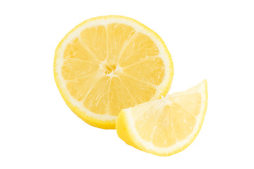 Fototapeta na wymiar Close-up of half and quarter slices of lemon, isolated on white background.