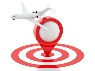 3d Travel suitcase, airplane and map pointer in red target.