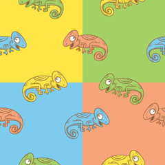 Vector seamless pattern with cute cartoon color chameleons on a checkered background.
