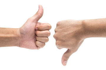 Thumb up and thumb down hand signs isolated on white 1