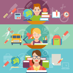 Flat education student pupil kid teacher people. Learning study