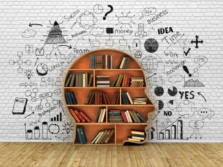 Wood Bookshelf in the Shape of Human Head and books near break w