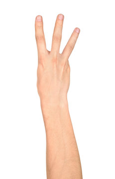male hand is showing three fingers isolated on white background.