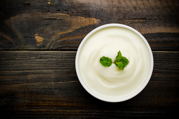 Homemade yogurt on wooden background,healthy food