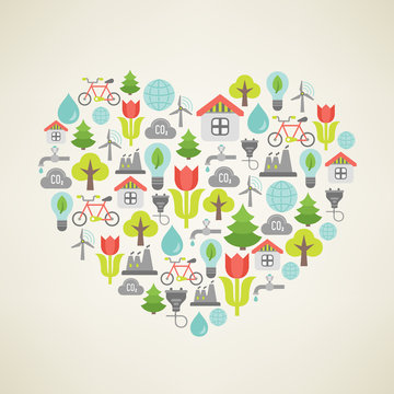 I love Nature. Vector concept. Heart with ecological flat icons