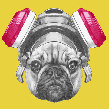 Portrait of French Bulldog with gas mask. Hand drawn illustration